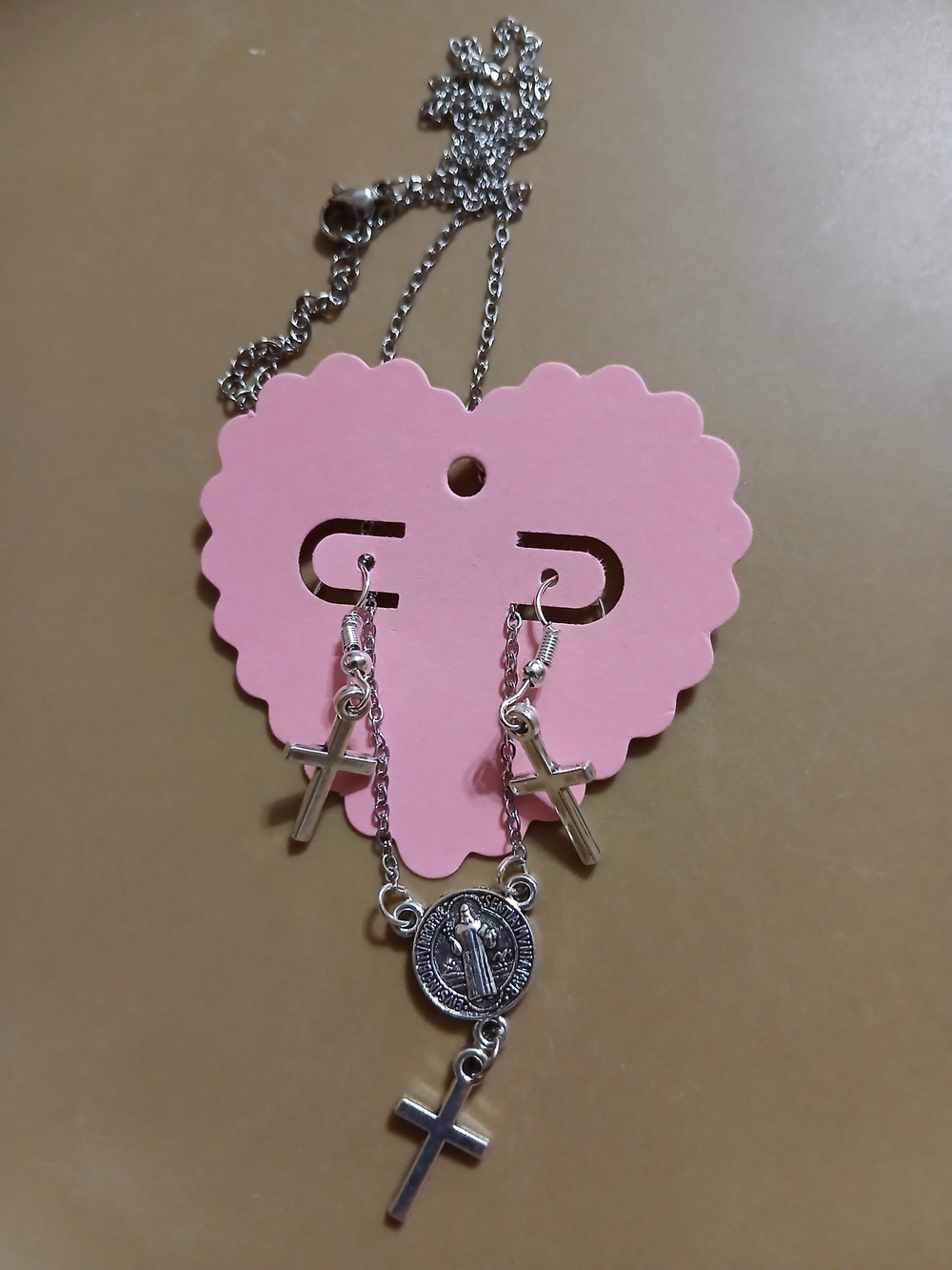 Silver St. Benedict Cross Pendant Necklace and Earring Set - Pink Card